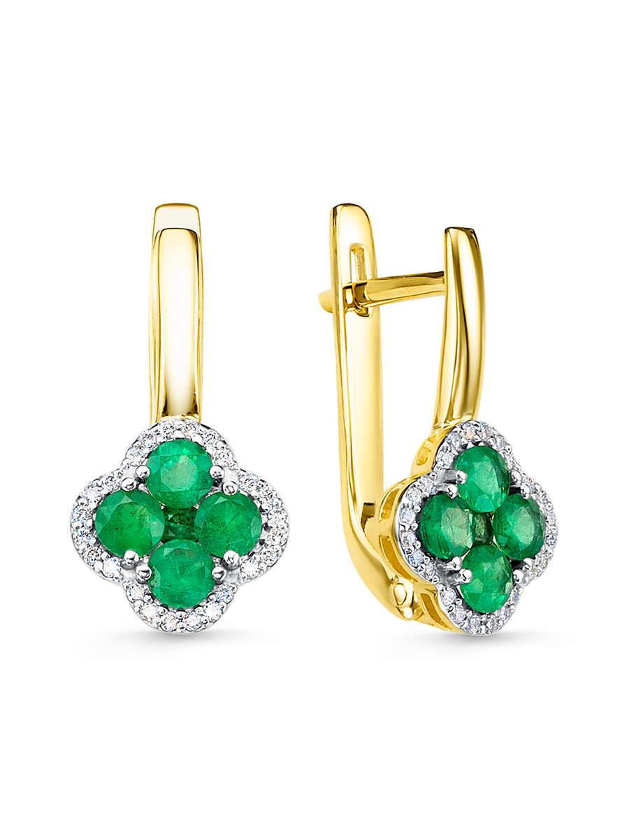 Ювелирное изделие - Серьги из желтого золота с изумрудами и бриллиантами в магазине Best-Gold 131392