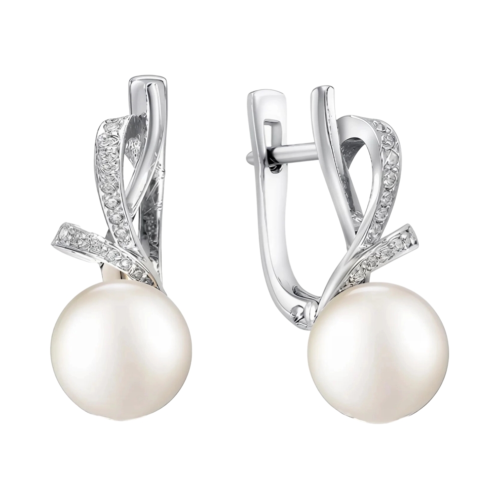 Ювелирное изделие - Серьги из серебра с жемчугом и фианитами в магазине Best-Gold 153881