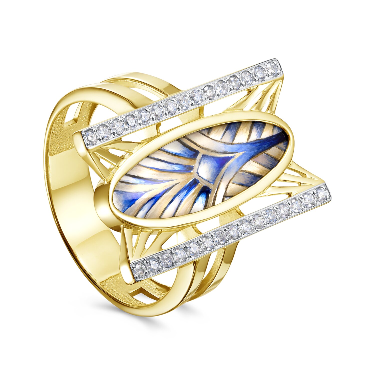 Кольцо из желтого золота с бриллиантами и перламутром