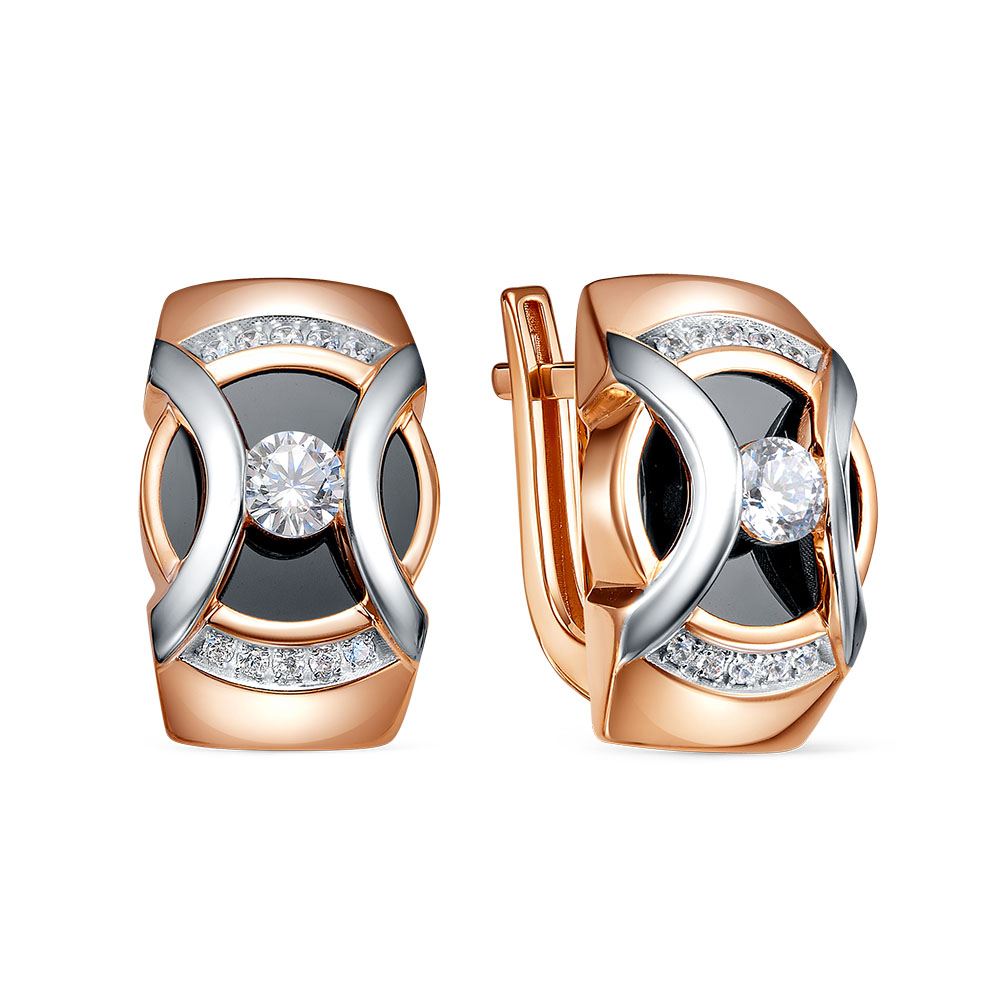 Серьги из красного золота с бриллианитами, ониксом и фианитами